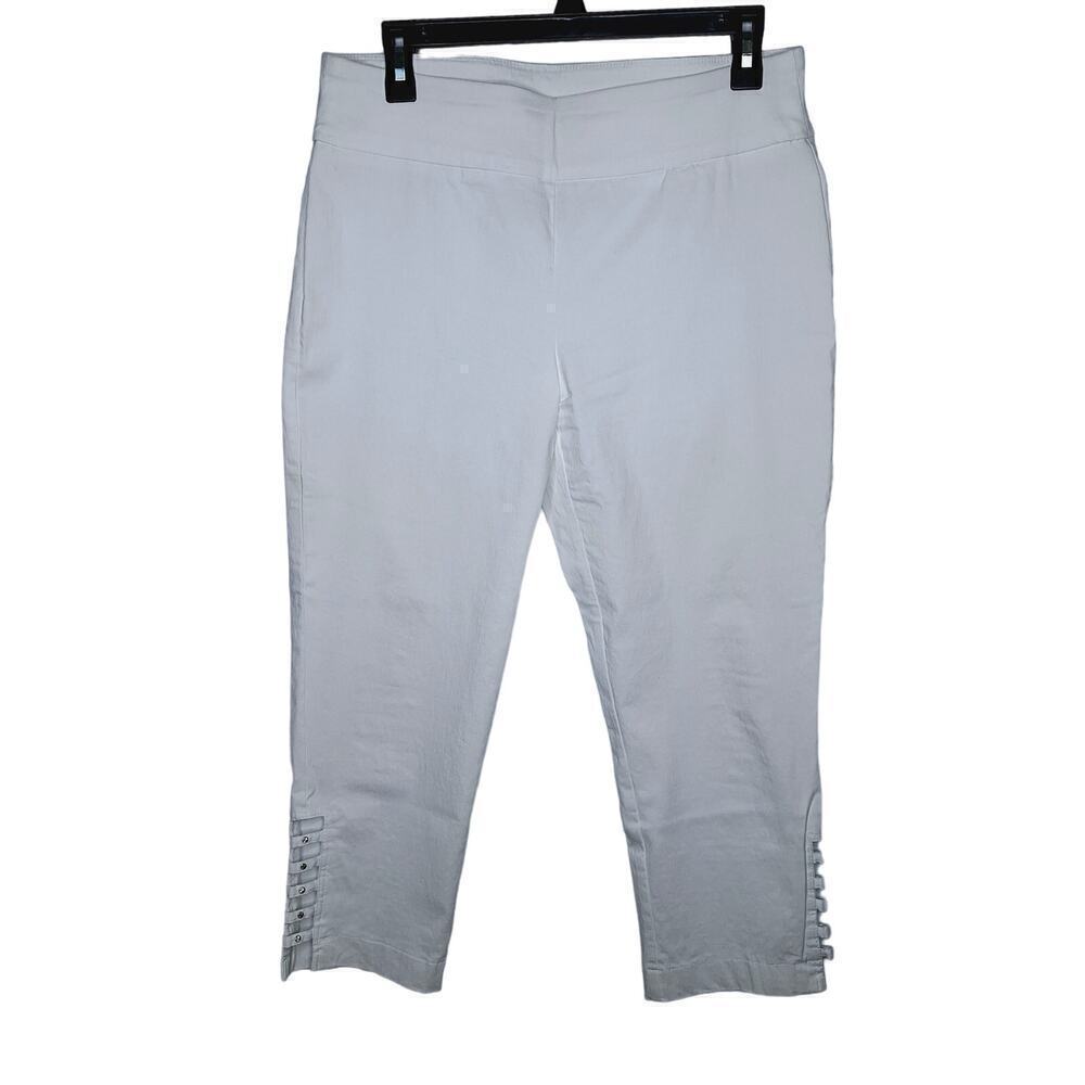 Attyre Caroline Crop Pull On Pants 10 White Rhinestone Cut Out Ankle Stretch
